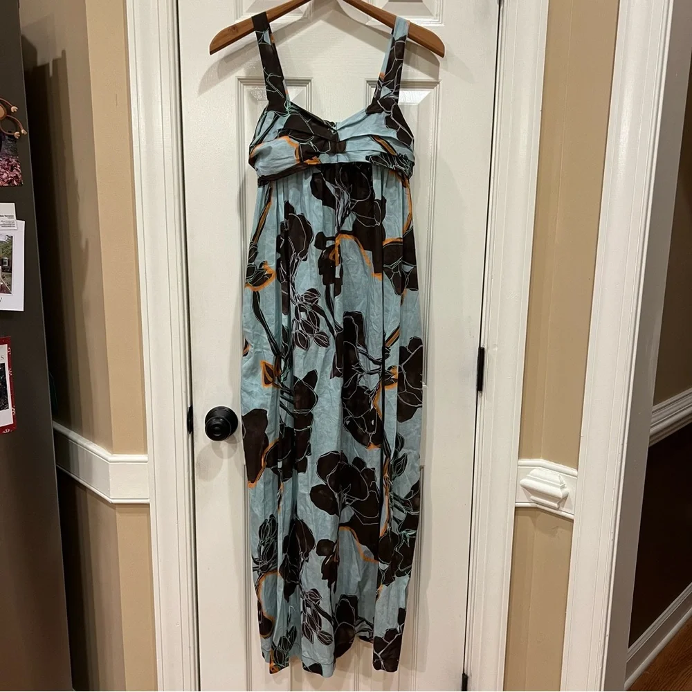 TELA Light Blue Brown Floral Maxi Dress Flowy Aqua Floral Dress XS